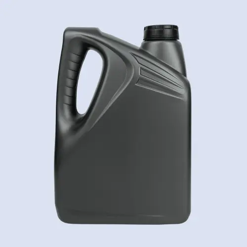 Front view of a black 4 liter HDPE plastic container for automotive engine oil and fuel packaging.