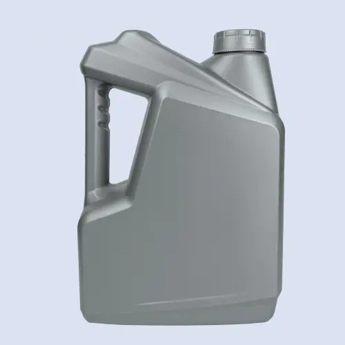 Front view of a grey 4 liter HDPE empty engine oil bottle for automotive lubricant packaging.