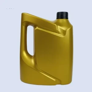 Front angled view of a gold 4 liter HDPE plastic engine oil bottle for automotive lubricant packaging.