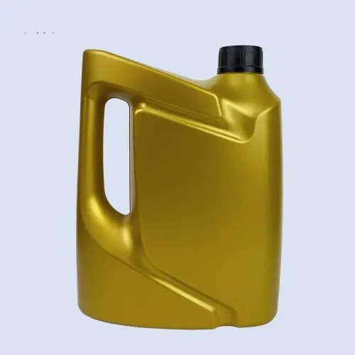 Front angled view of a gold 4 liter HDPE plastic engine oil bottle for automotive lubricant packaging.