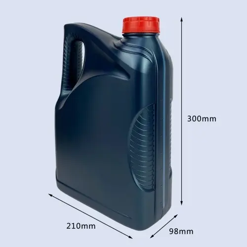 Dark blue 4 liter HDPE engine oil bottle with ergonomic handle and product dimensions.