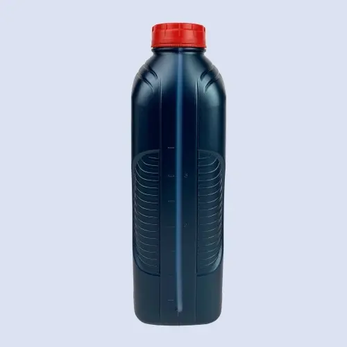 Rear profile of a dark blue 4 liter HDPE motor oil bottle with measuring scale.