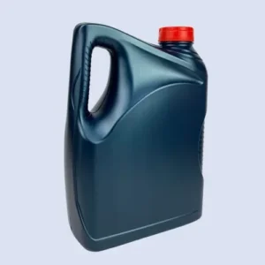 navy automotive oil can angled view Angled view of a dark blue 4 liter HDPE lubricant bottle with ergonomic carry handle.