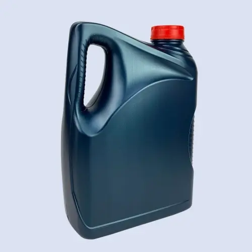 Angled view of a dark blue 4 liter HDPE lubricant bottle with ergonomic carry handle.