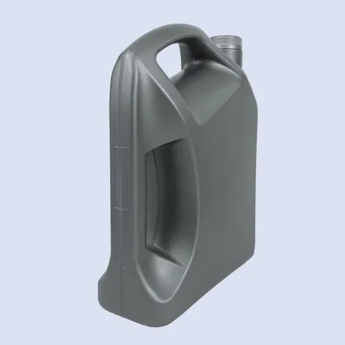 Rear angled view of a grey 4 liter HDPE engine oil bottle with dual handle design.