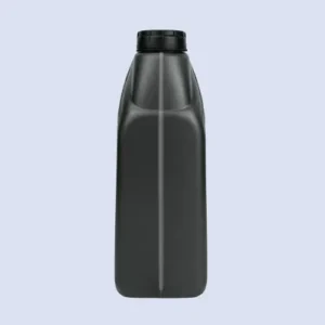rear profile lubricant bottle Rear view of a black 4 liter HDPE engine oil bottle with rectangular body and screw neck.