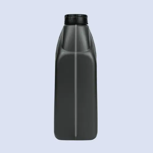 Rear view of a black 4 liter HDPE engine oil bottle with rectangular body and screw neck.
