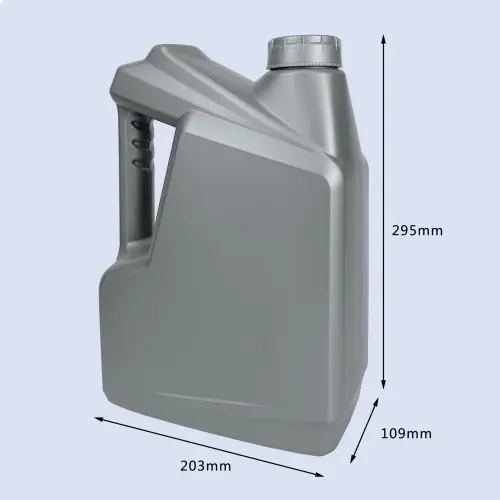 Grey 4 liter HDPE empty motor oil bottle with ergonomic handle and product dimensions.