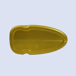 teardrop base lubricant container Bottom view of a gold 4 liter HDPE plastic lubricating oil bottle with molded base.