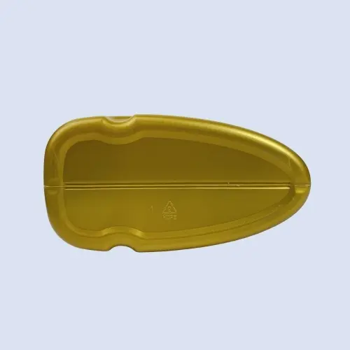 Bottom view of a gold 4 liter HDPE plastic lubricating oil bottle with molded base.
