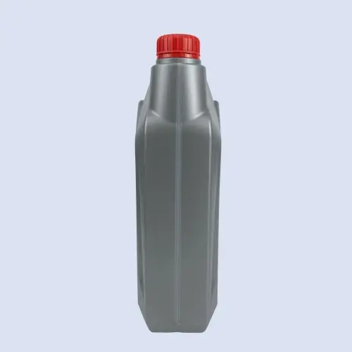 Side profile of a grey 4 liter HDPE engine oil container with threaded neck.